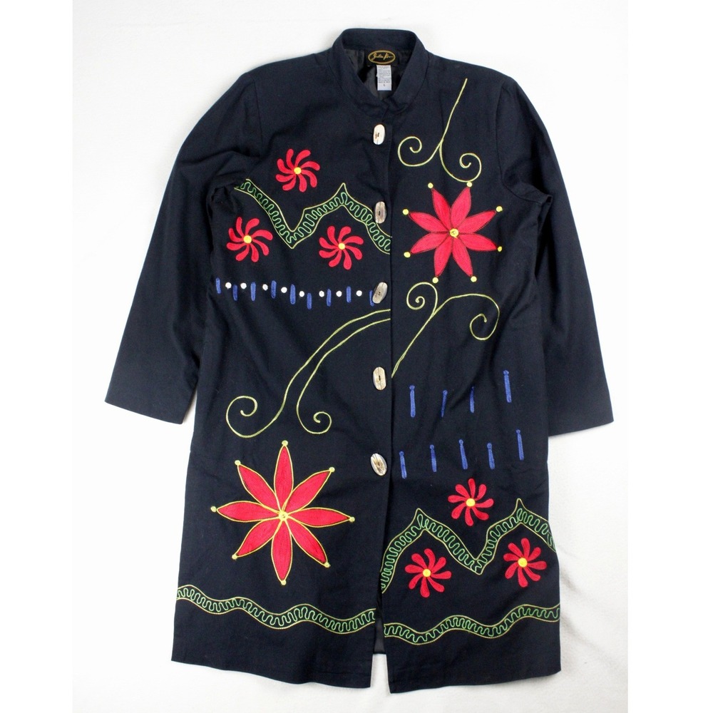 Julia Kim Art To Wear Coat Womens L Black Embroidered Floral Whimsigoth Boho